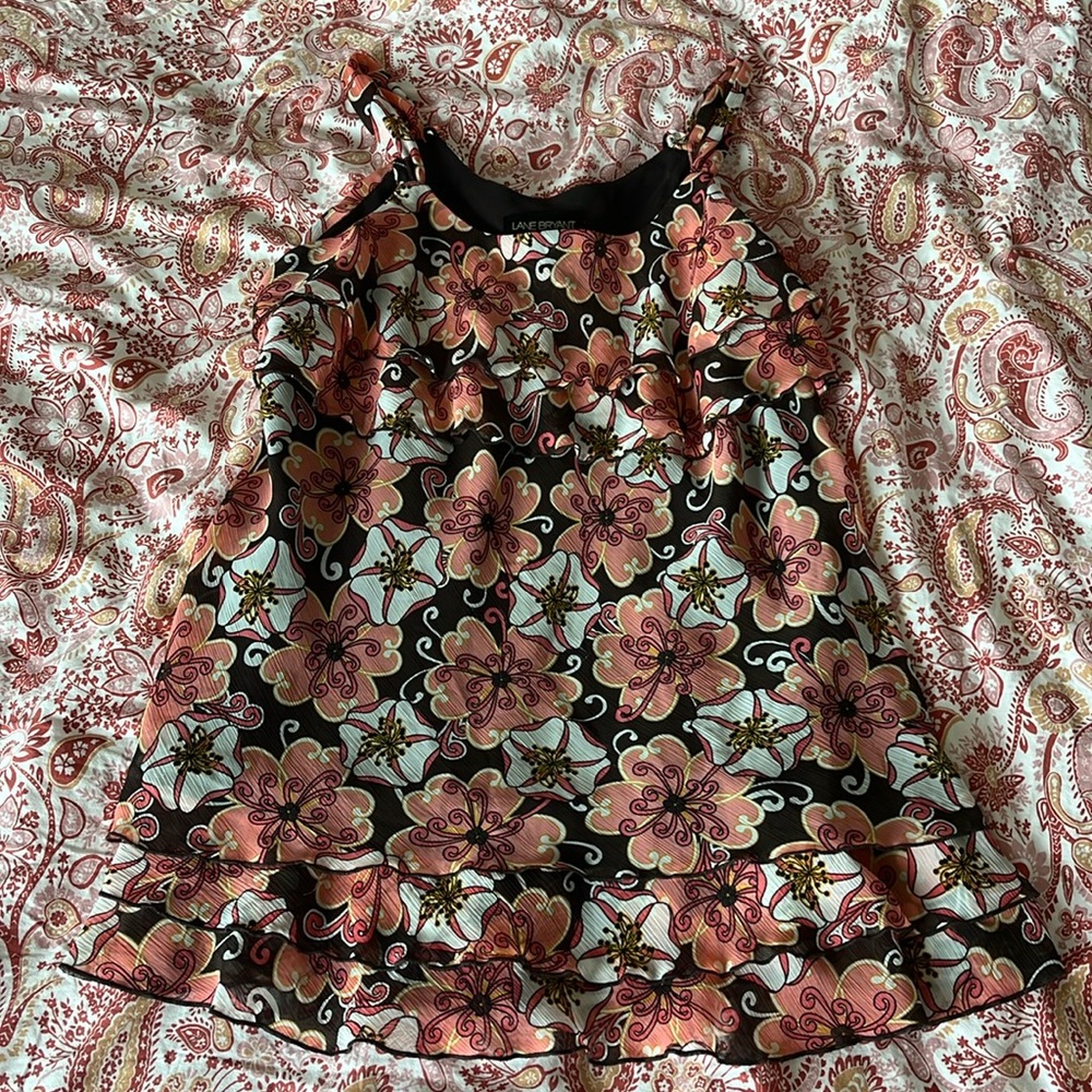 2000s pink and brown floral tiered/ruffled mini dress